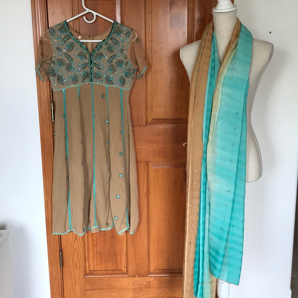 Beige And Blue Pakistani Dress with Pants&Scarf